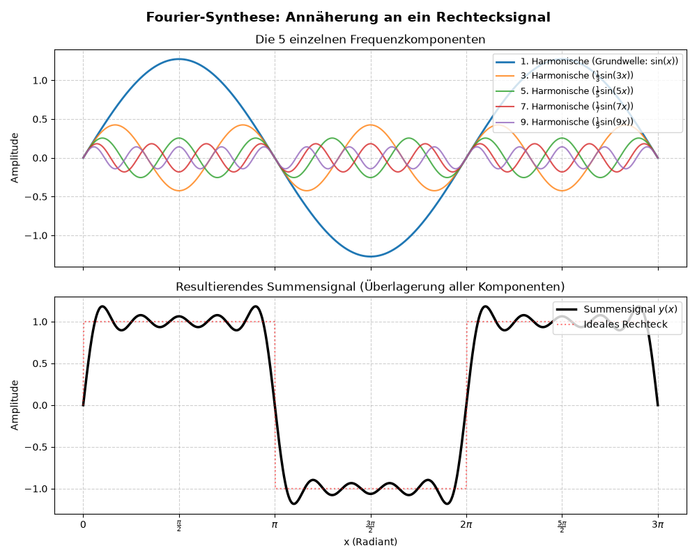 Näherung eines Rechtecksignals durch Summe von Sinuswellen